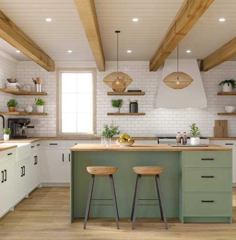 Realistic kitchen 3D rendering or realistic interior 3D rendering of a kitchen imaged in three dimensions.