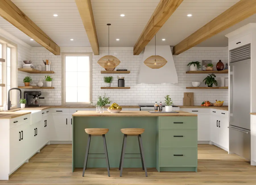 Realistic kitchen 3D rendering or realistic interior 3D rendering of a farm house kitchen design imaged in three dimensions.