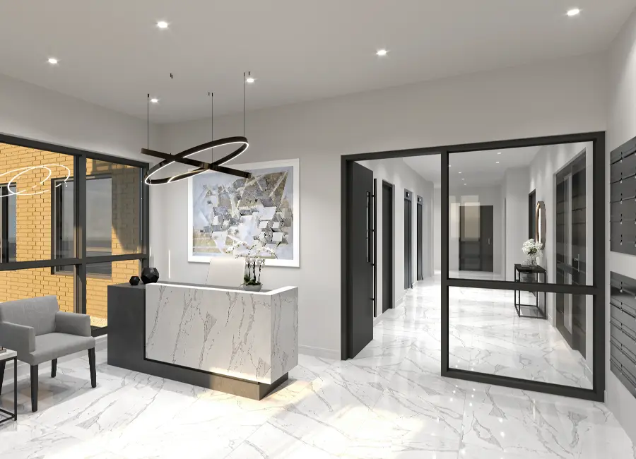 Realistic lobby 3D rendering or realistic interior 3D rendering of a reception area imaged in three dimensions.