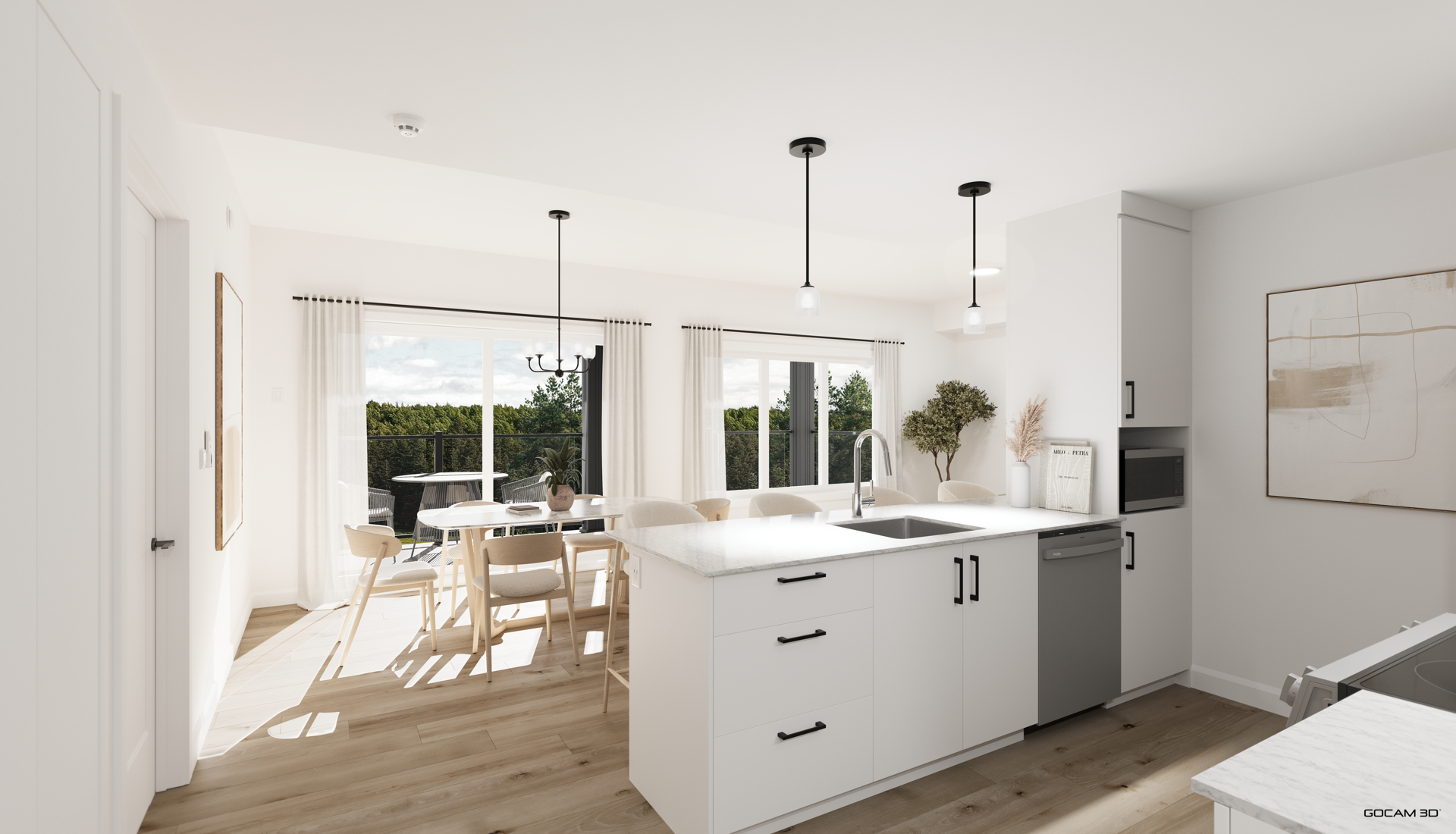 3D rendering of a modern open-concept space featuring a kitchen island, bright dining area, and balcony view for an apartment pre-leasing listing.