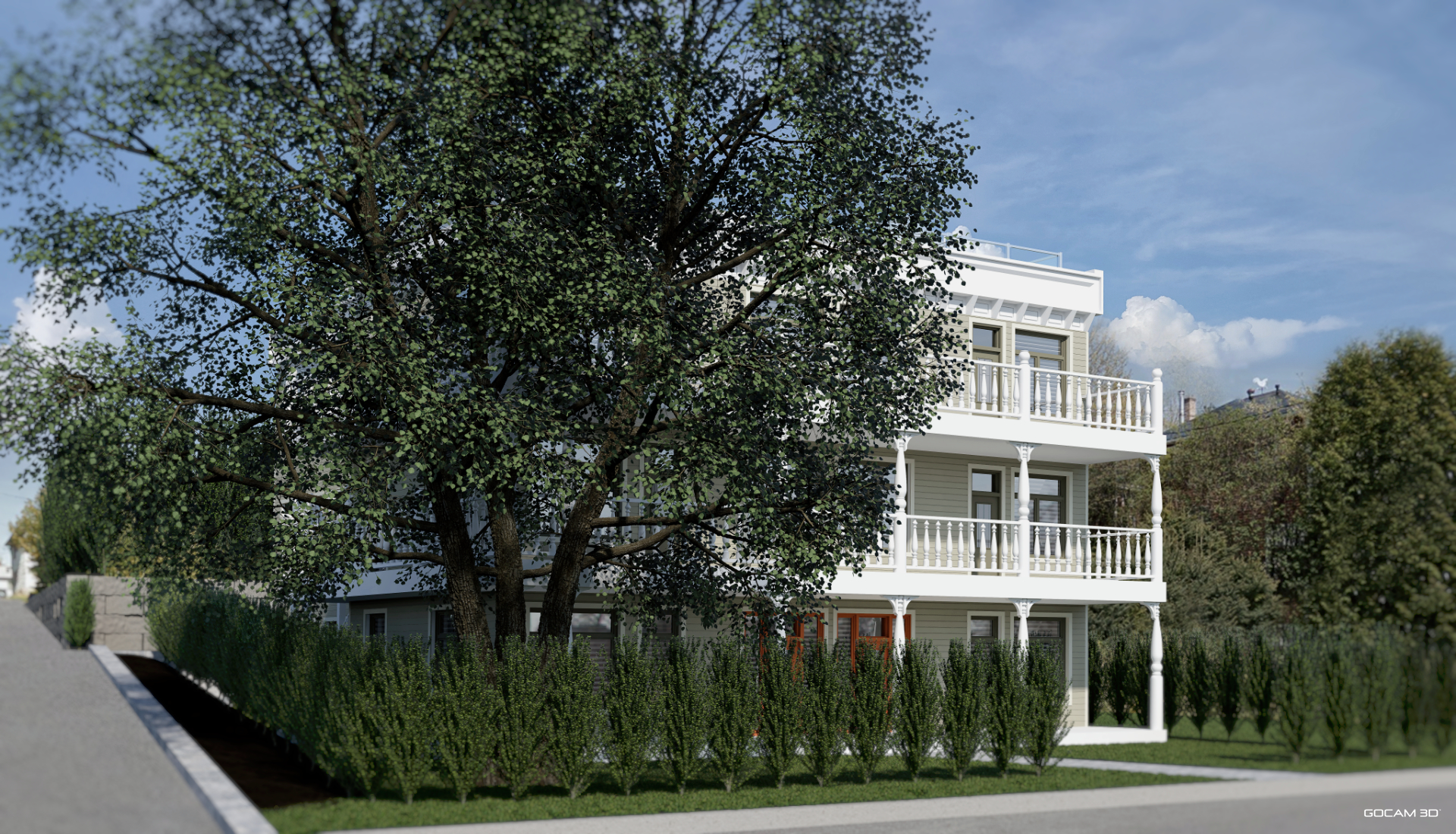 Perspective 3D extérieure de la façade restaurée d'un bâtiment patrimonial avec balcons en bois.