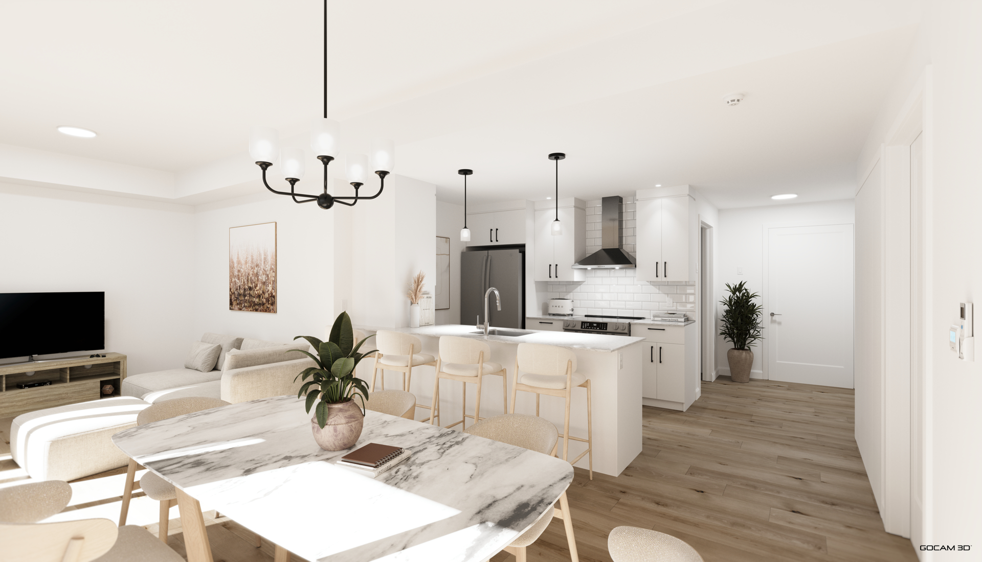 3D interior rendering of a modern kitchen and open-concept dining room in an apartment for real estate pre-leasing.