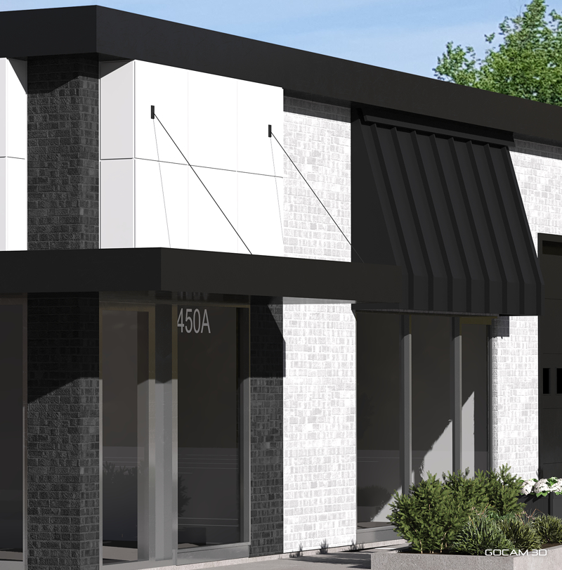 Rendu 3D façade commerce extérieure pour un salon de coiffure style pâle (Façace commerce 3D) pour présentation à la ville - GOCAM 3D