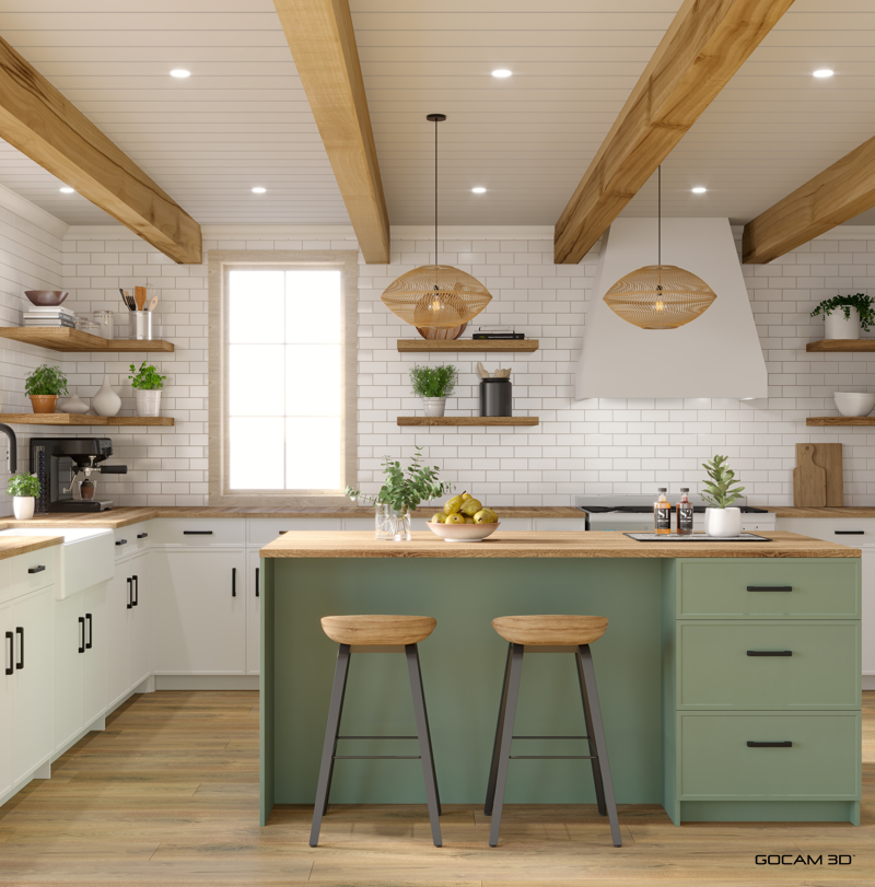 Rendu 3D cuisine rustique verte (Cuisine 3D rustique verte) pour présenter des armoires de cuisine - GOCAM 3D