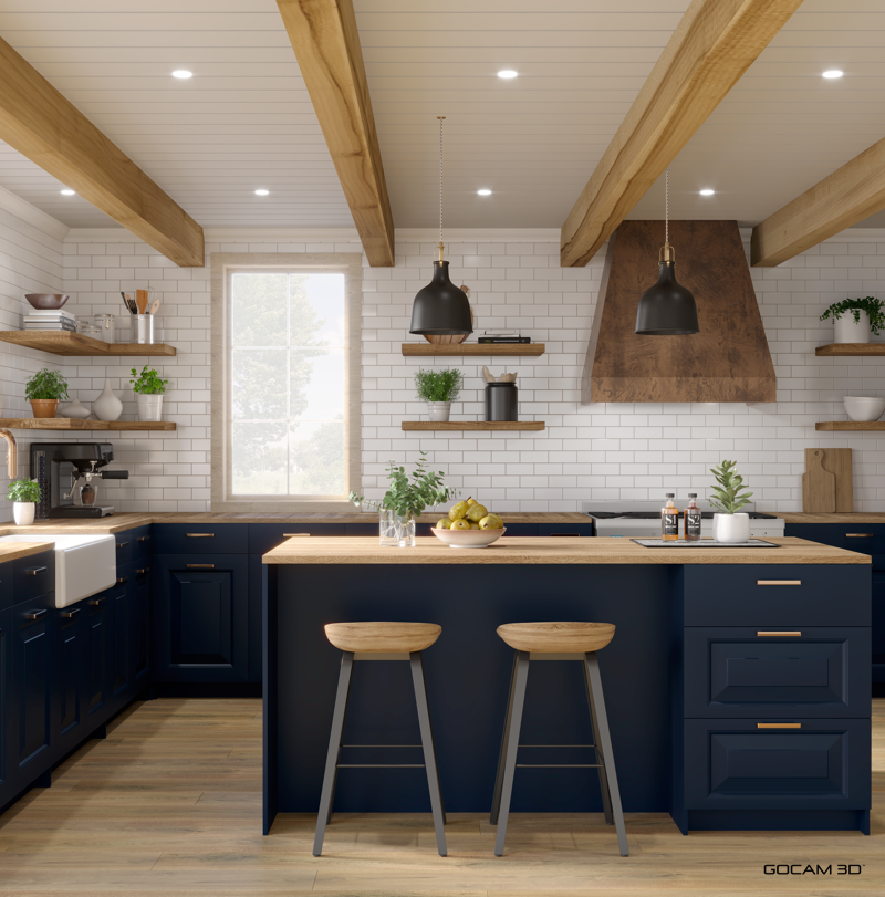 Rendu 3D cuisine rustique bleu royal (Cuisine 3D rustique bleu royal) pour présenter des armoires de cuisine - GOCAM 3D