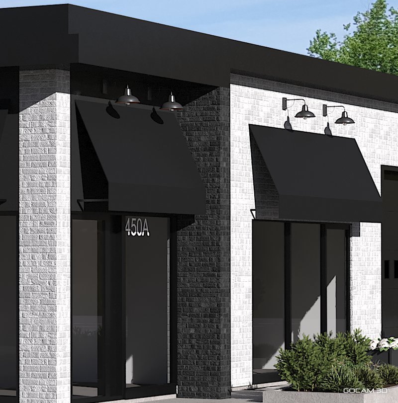 Rendu 3D façade commerce extérieure pour un salon de coiffure style foncé (Façace commerce 3D) pour présentation à la ville - GOCAM 3D