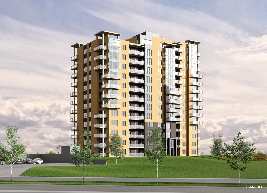 Rendu 3D extérieur d'une tour à condominiums (tour à condos) pour la mise en marché d'un projet immobilier - GOCAM 3D