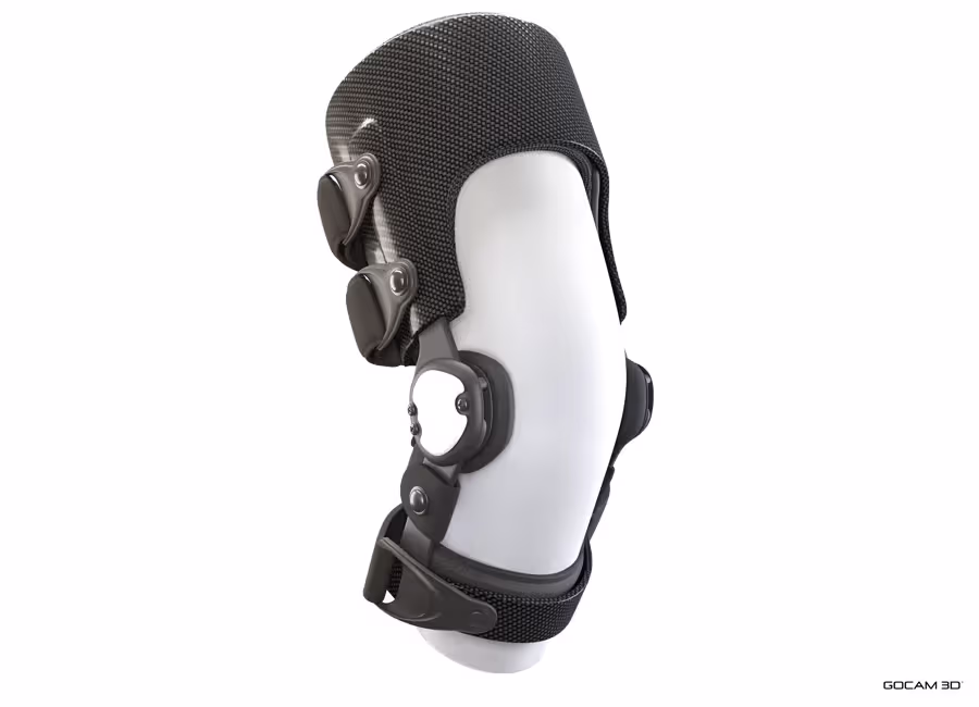 White background 3D rendering of a leg orthosis imaged in three dimensions.