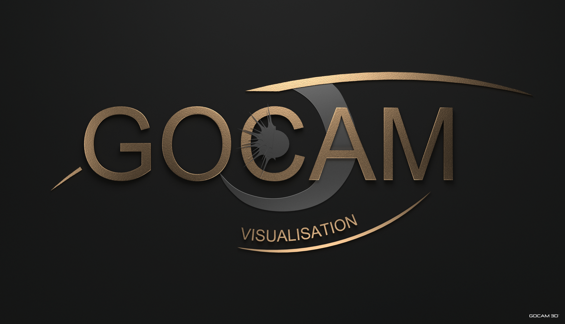 Premier logo en relief 3D de GOCAM Visualisation aux textures dorées et sombres sur fond noir