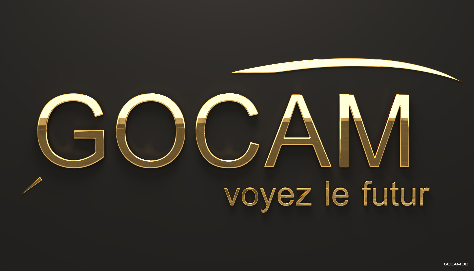 Logo de GOCAM 3D en lettres d'or polies et brillantes en relief avec le slogan 'voyez le futur' sur fond noir