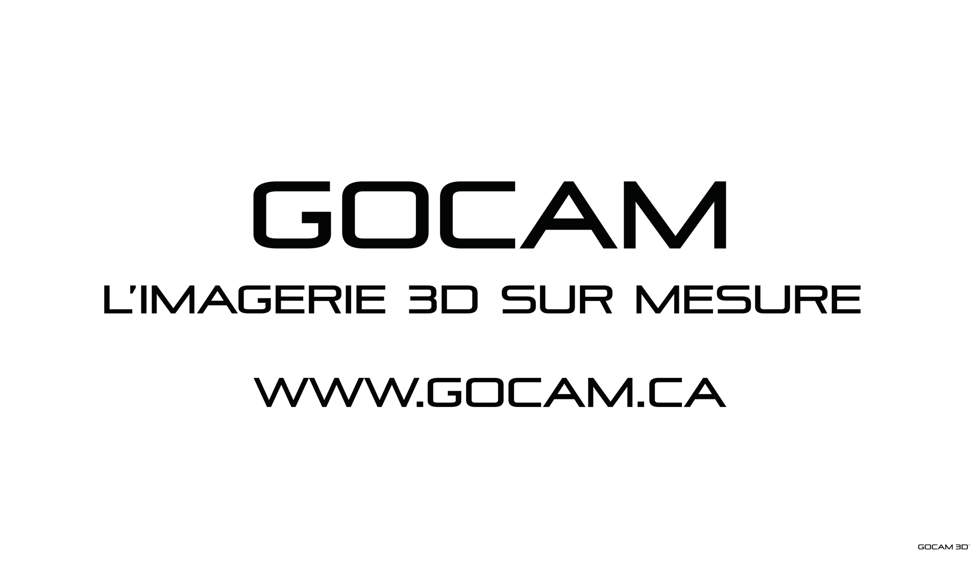 Logo de GOCAM 3D épuré en noir sur fond blanc avec le slogan 'L'IMAGERIE 3D SUR MESURE' et l'adresse WWW.GOCAM.CA