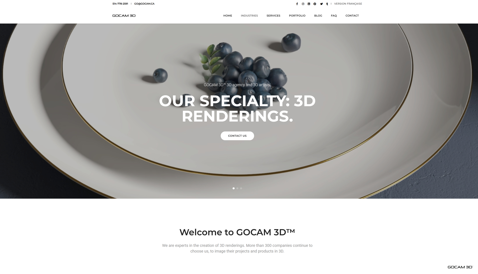 Capture d'écran de la page produits du nouveau site web de GOCAM 3D en 2024. L'image montre une bannière principale épurée présentant un rendu 3D photoréaliste d'assiettes en porcelaine avec des bleuets frais, accompagnée du slogan en blanc 'OUR SPECIALTY: 3D RENDERS' et du texte de bienvenue 'Welcome to GOCAM 3D'.