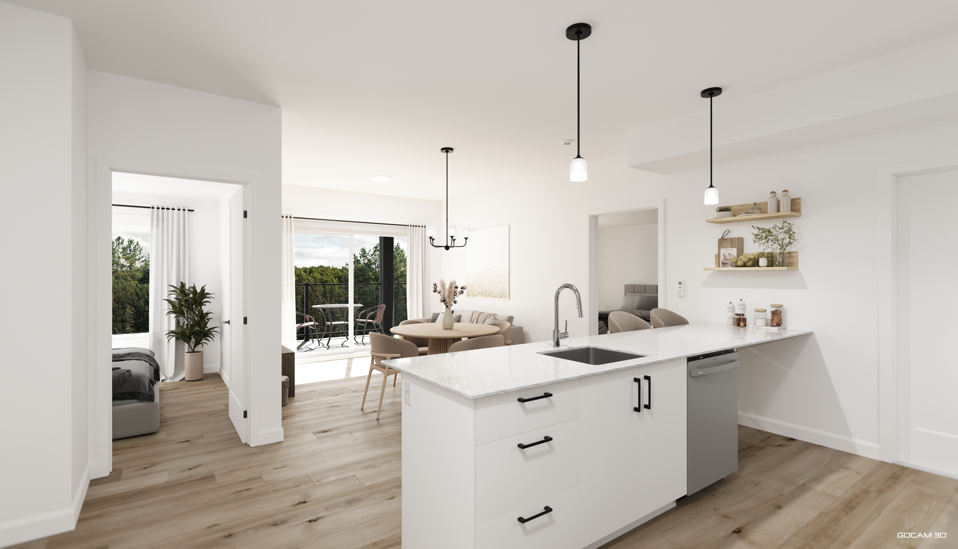 3D rendering of an open-concept modern kitchen and dining room in an apartment for real estate pre-leasing.