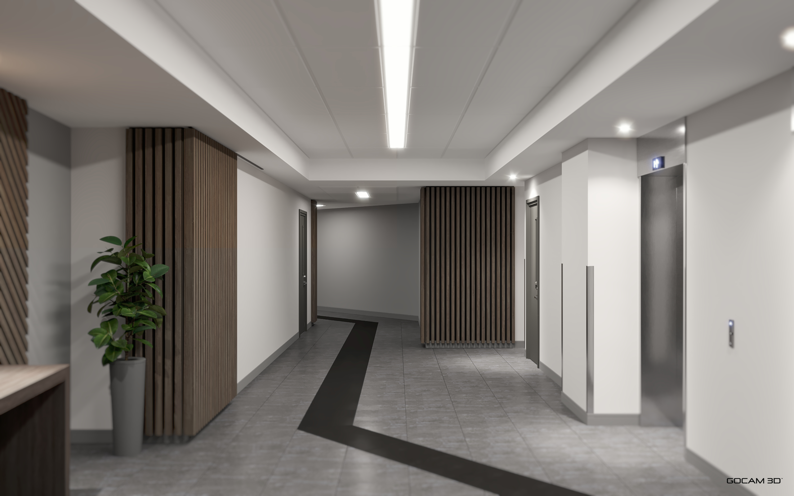Perspective 3D d'un corridor contemporain pour la mise en marché de tours résidentielles - GOCAM 3D