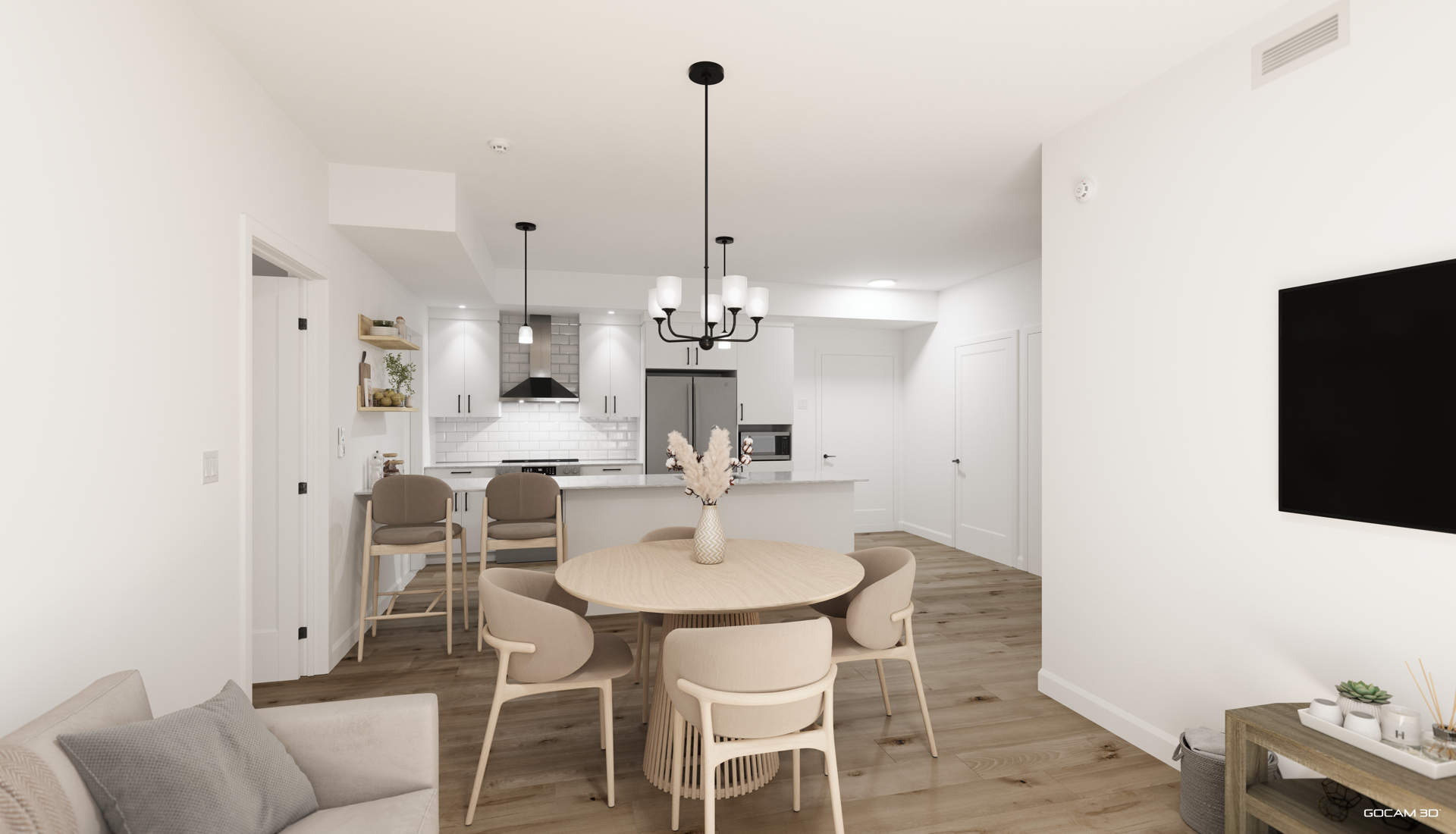 3D rendering of a modern open-concept space featuring a kitchen island, bright dining area, and balcony view for apartment pre-leasing.