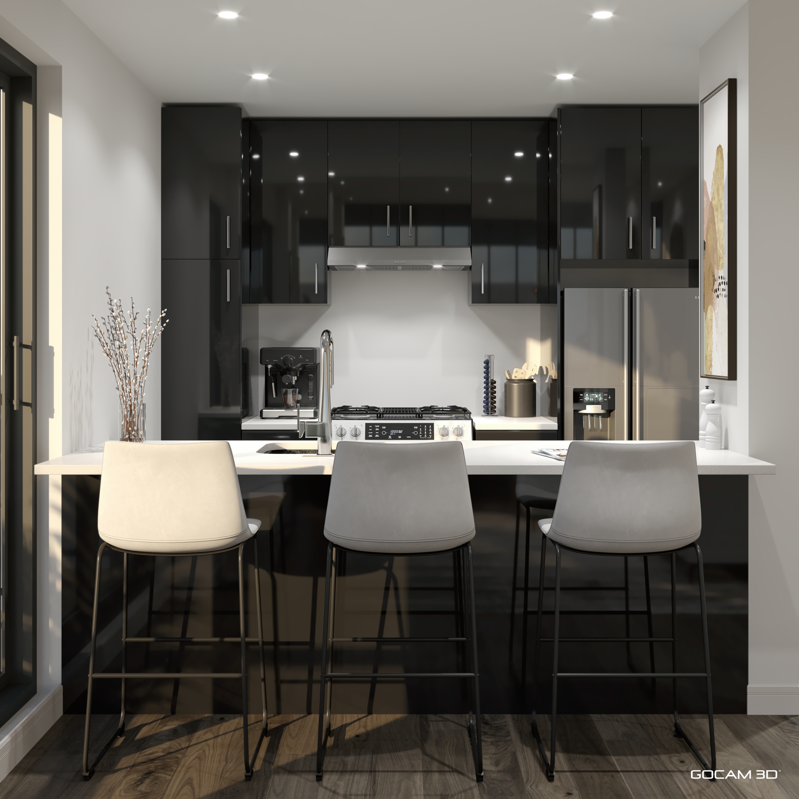 Perspective 3D de cuisine contemporaine pour la mise en marché d'un condominium en ligne - GOCAM 3D