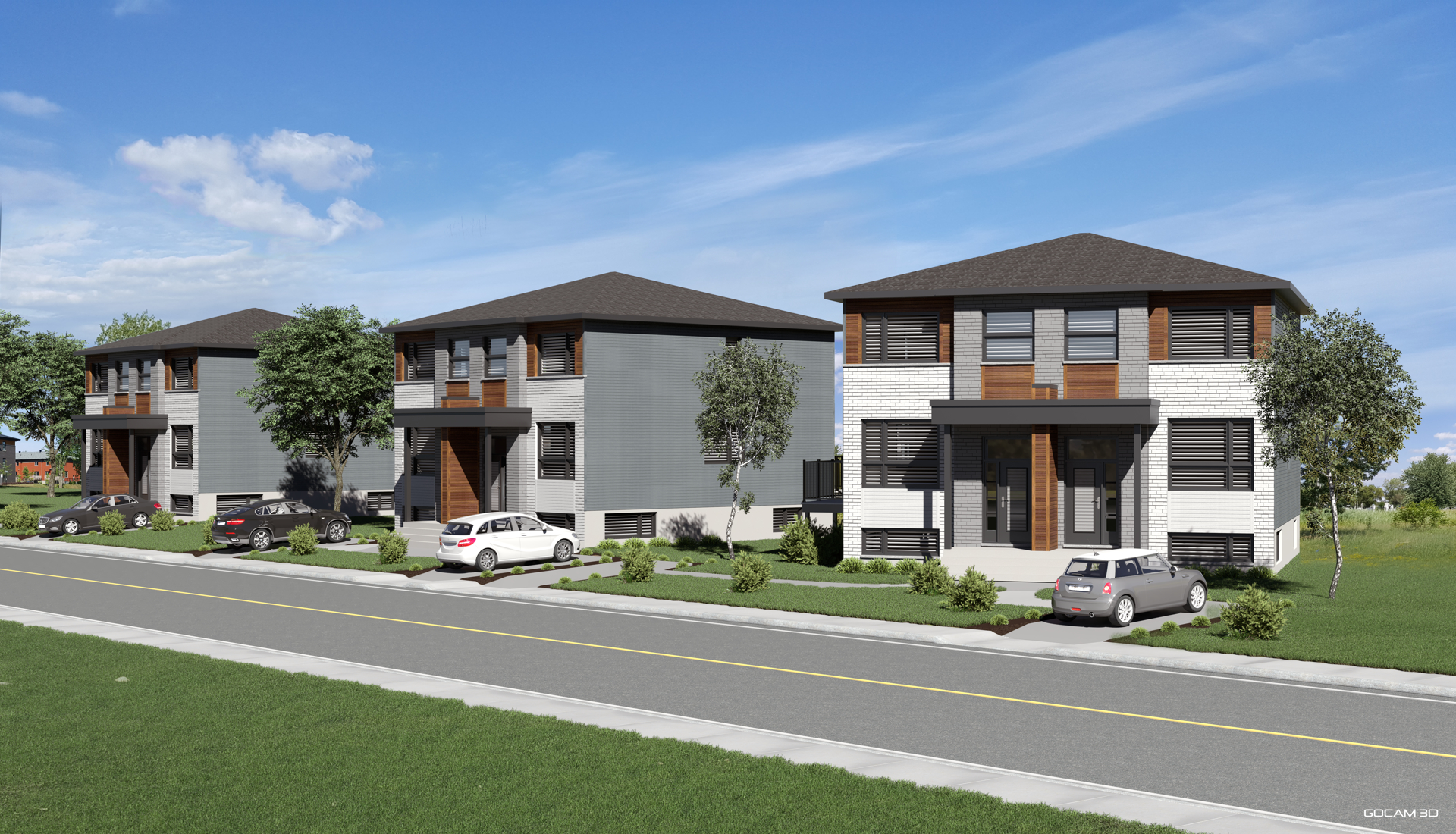 Rendu 3D extérieur pour la mise en marché d'un projet de développement immobilier résidentiel.