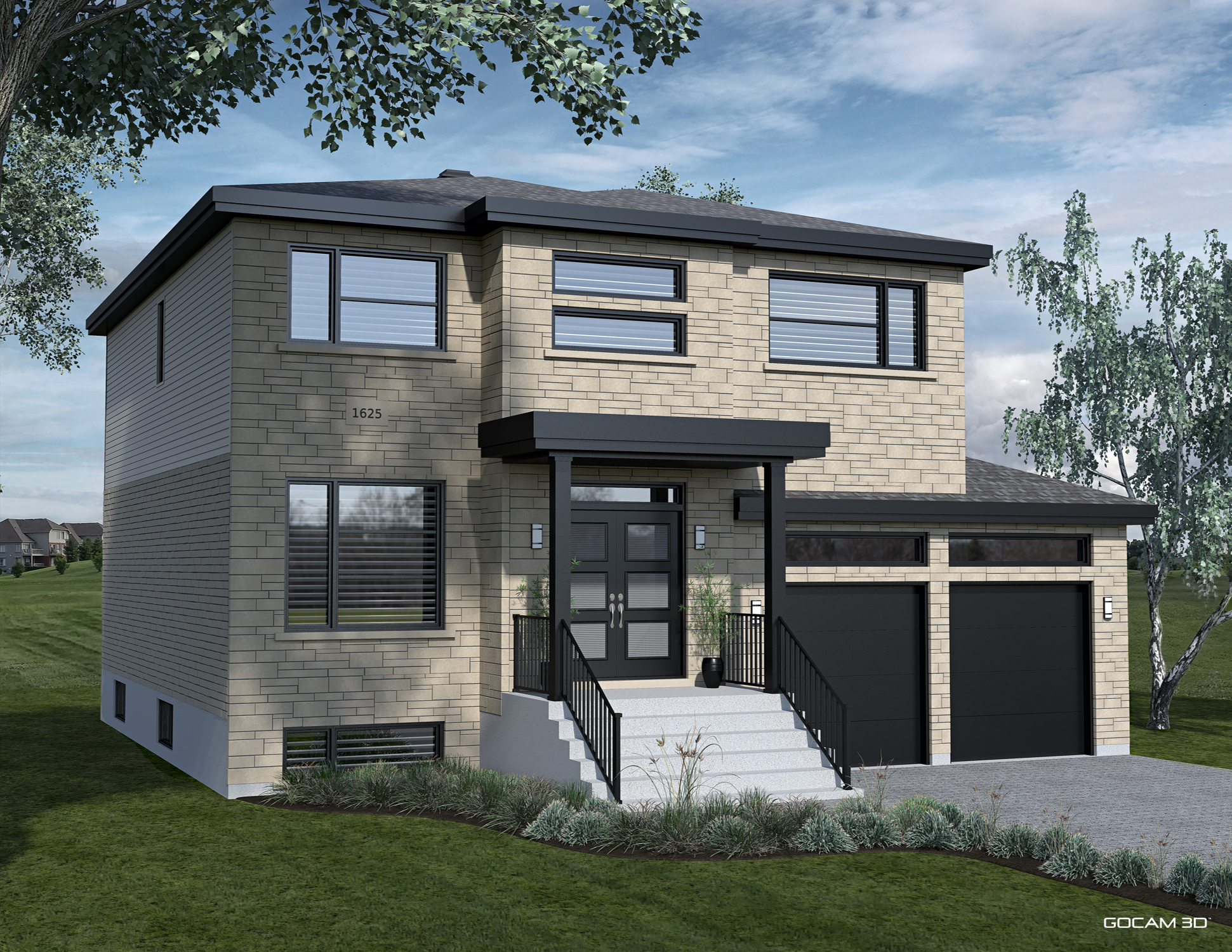 Perspective 3D d'une maison contemporaine neuve avec revêtement en pierre claire et double garage.
