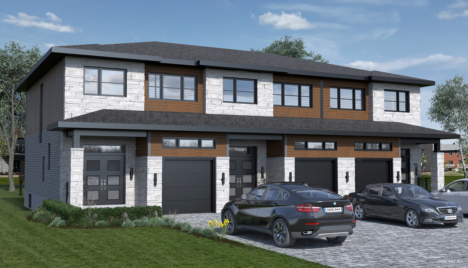 Rendu 3D extérieur de maisons de ville pour mise en marché de projet immobilier.