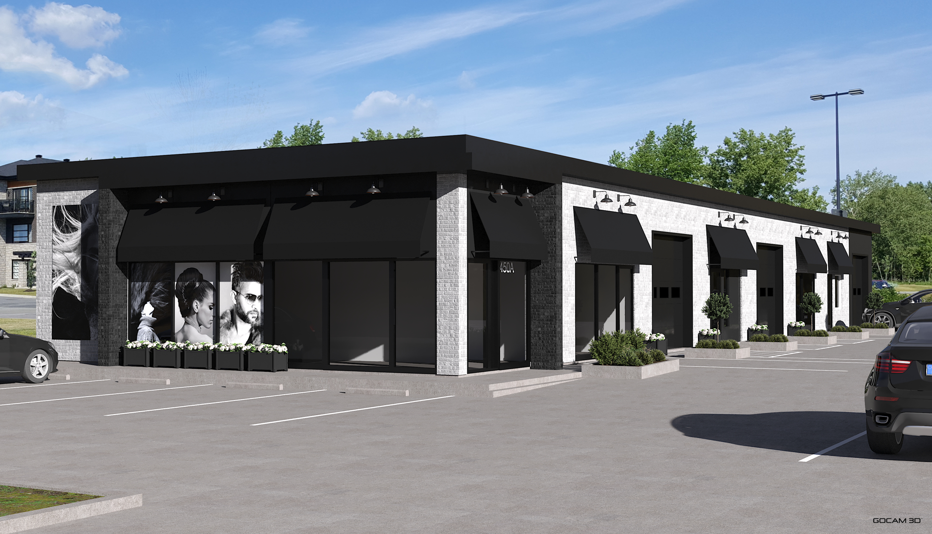 Realistic 3D rendering of a renovated commercial storefront featuring white brick, black finishes, and modern awnings.