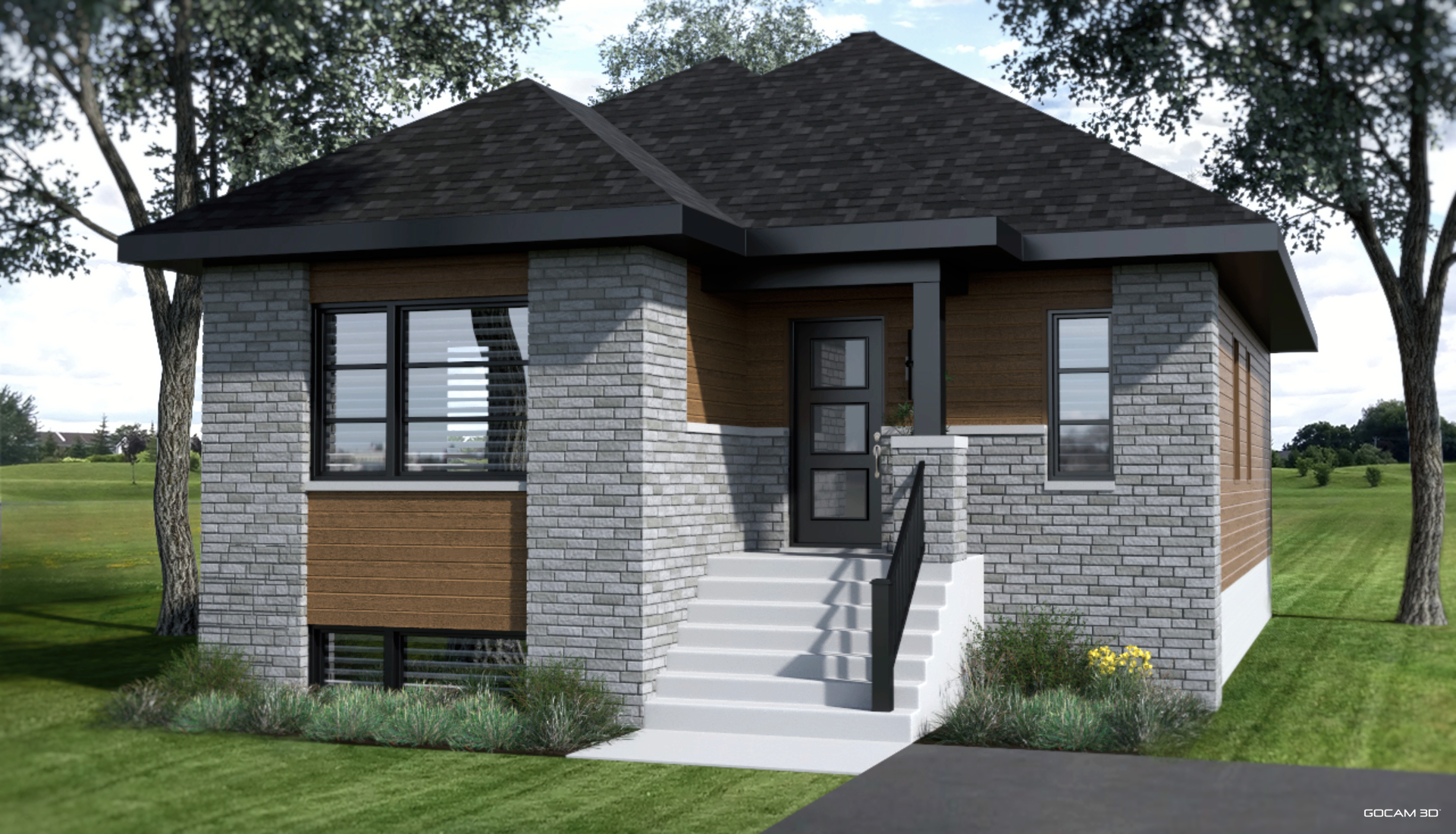 Realistic exterior 3D rendering of a modern bungalow-style single-family home with gray stone and wood siding.