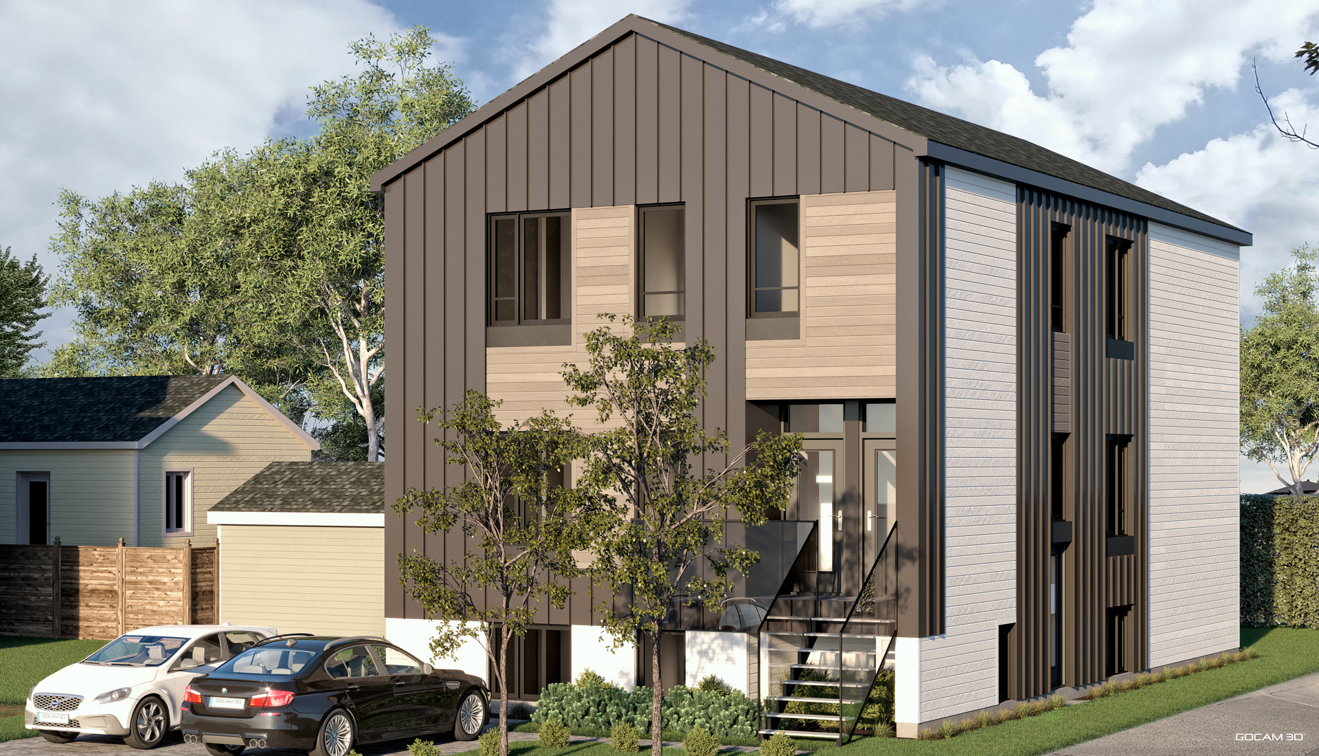 Exterior 3D rendering of a contemporary urban triplex with dark vertical metal siding, wood accents, and white brick.