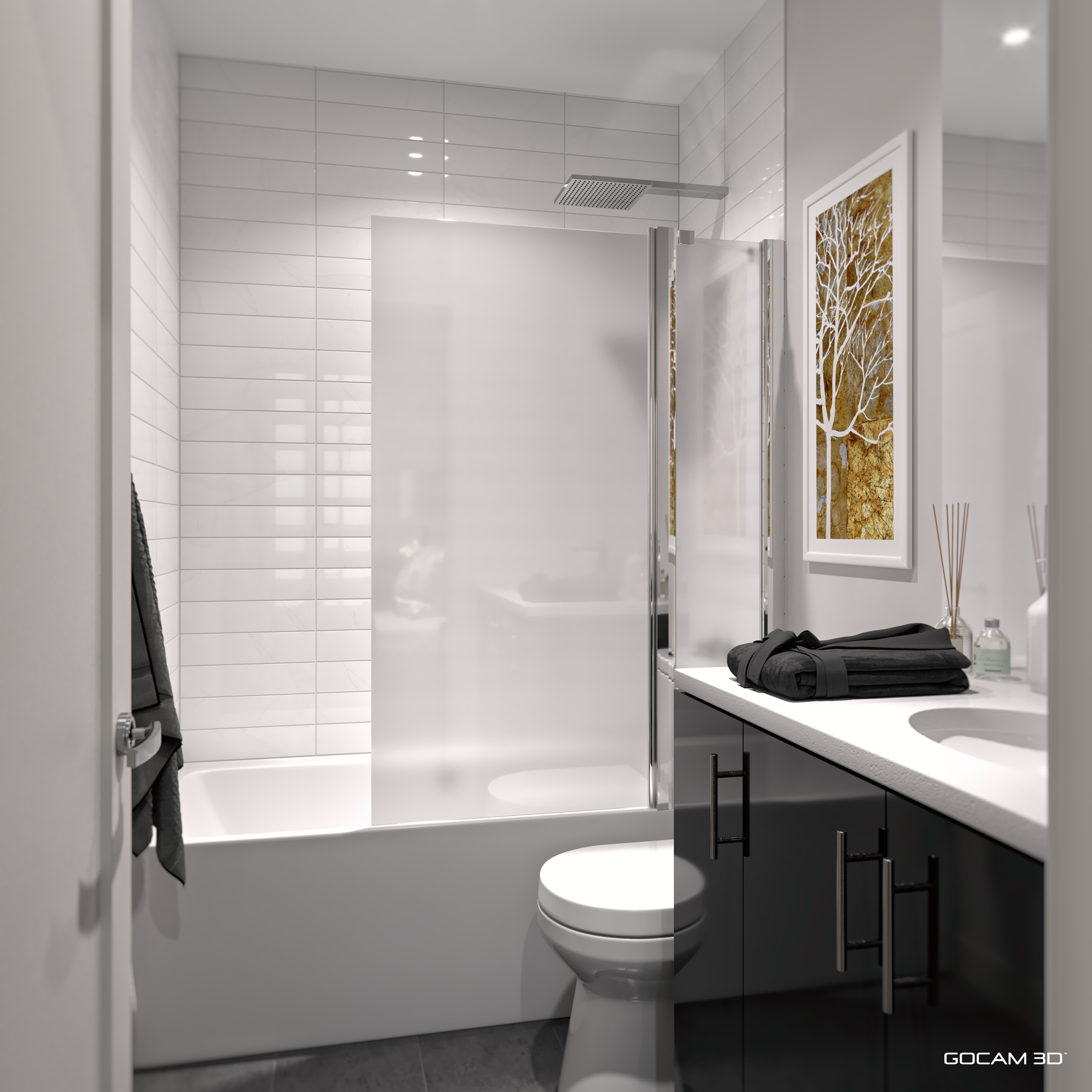 Perspective 3D d'une salle de bain contemporaine pour la mise en marché d'un condominium en ligne - GOCAM 3D