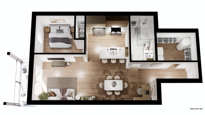 Plan 3D appartement 3 et demi (Plan 3D logement 3 et demi) pour faire de la promotion immobilière - GOCAM 3D