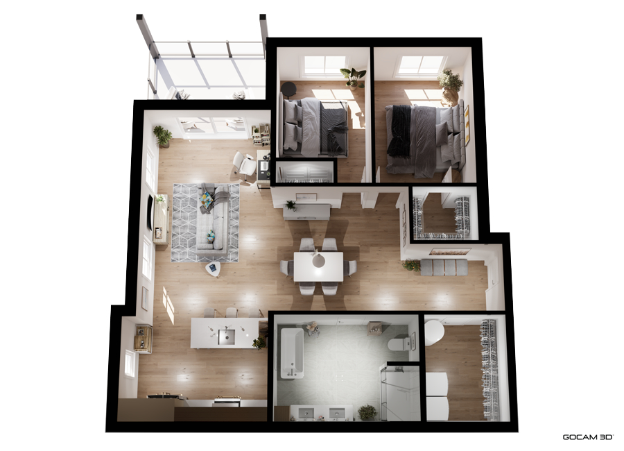 Plan 3D intérieur d'un appartement 4 et demi (plan 3d logement 4 et demi) pour faire de la location en ligne - GOCAM 3D