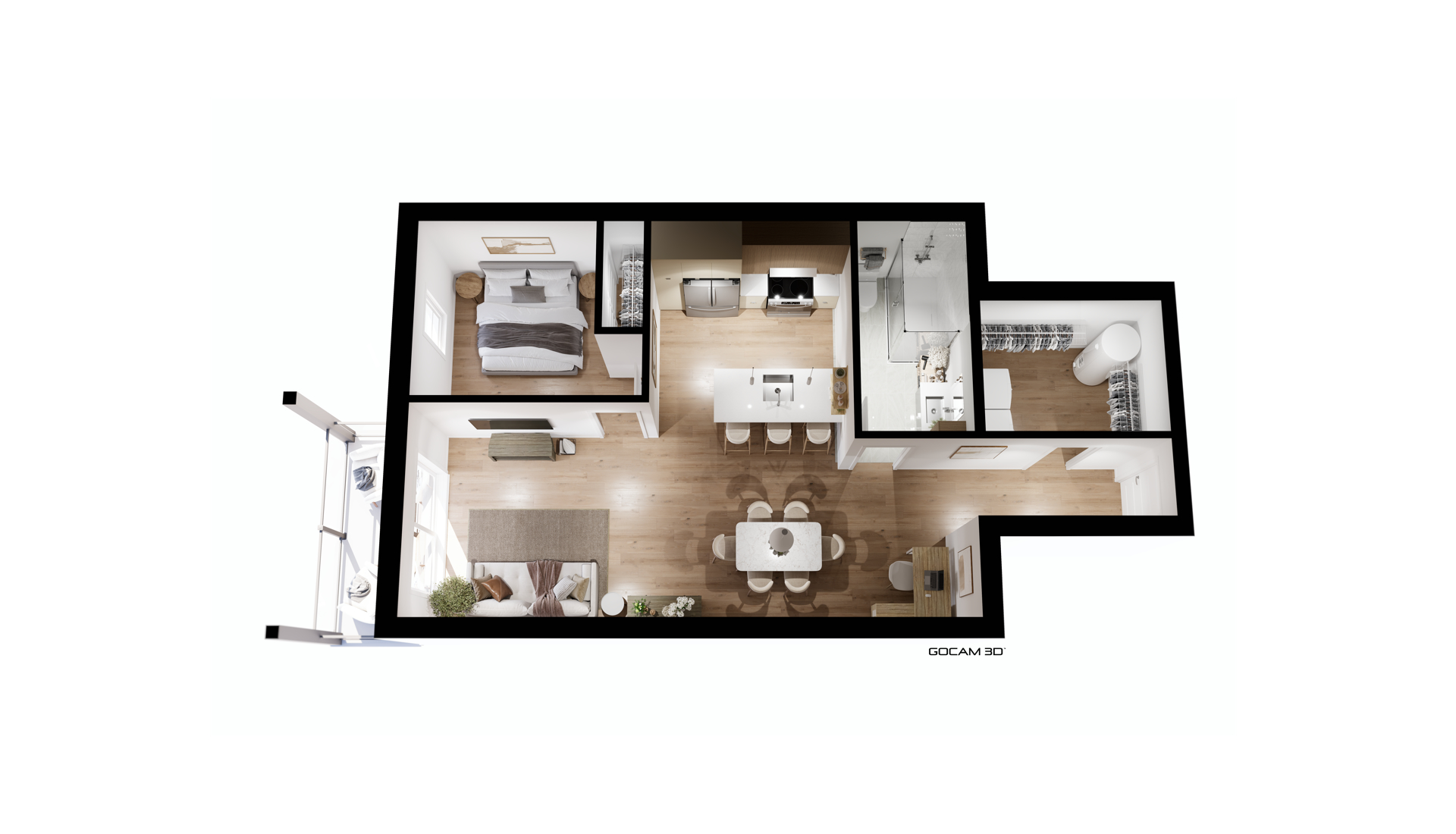 Plan 3D intérieur de condominium 3 ½ (trois et une demi) pour faire de la location d'appartement - GOCAM 3D