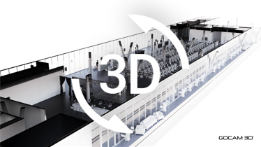 Plan 3D d'une salle d'événement et espaces communs - GOCAM 3D