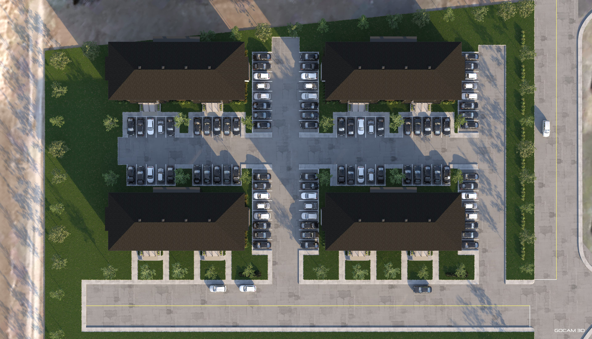 Rendu 3D aérien d'un plan de site pour un projet immobilier multi-logements avec stationnements.
