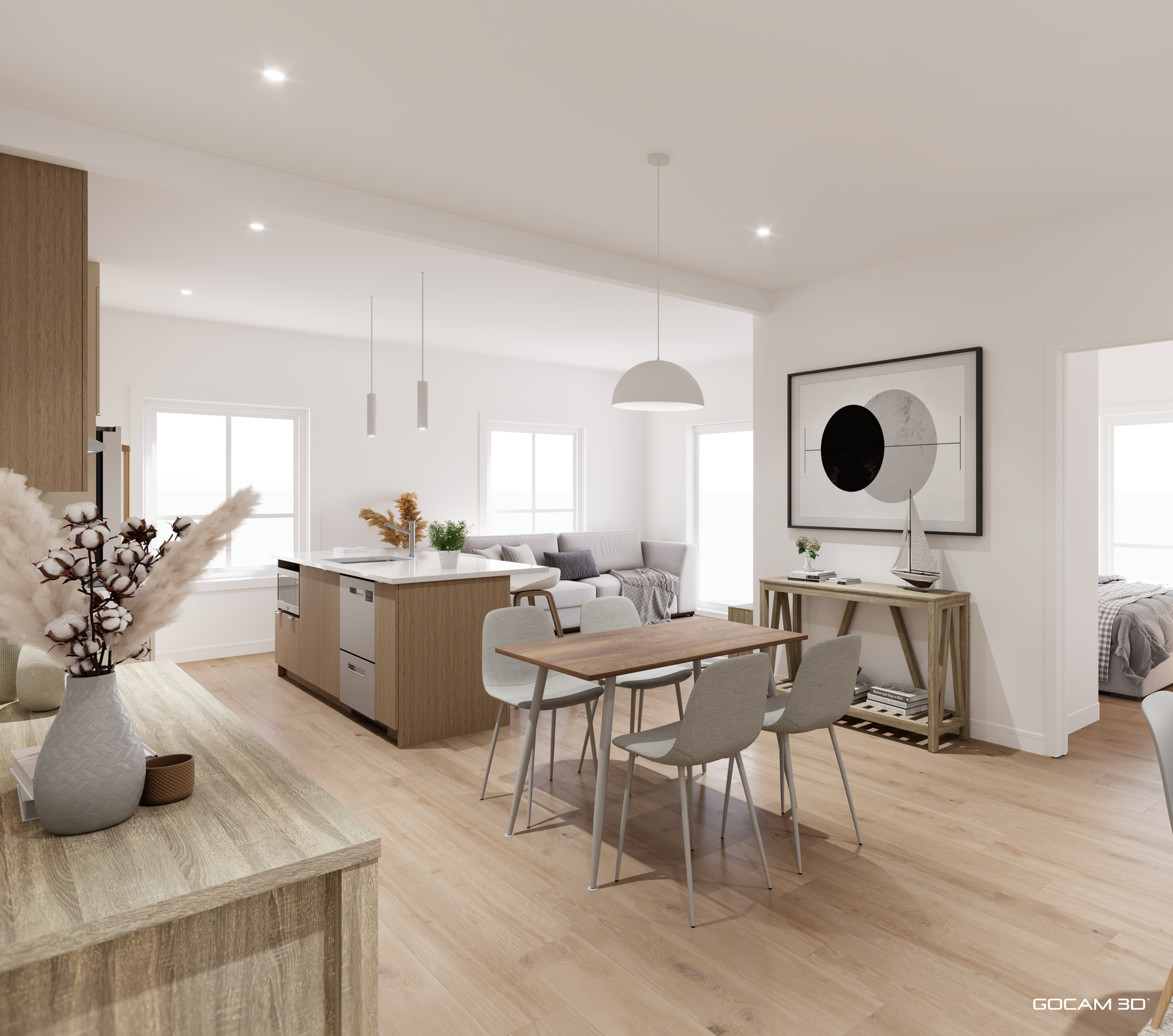 Rendu 3D aire ouverte logement 4 et demi pour faire de la location d'appartements au Québec - GOCAM 3D