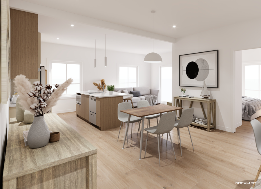 Rendu 3D d'aire ouverte d'un appartement 4 et demi (aire ouverte 3D logement 4 et demi) pour faire de la location en ligne - GOCAM 3D