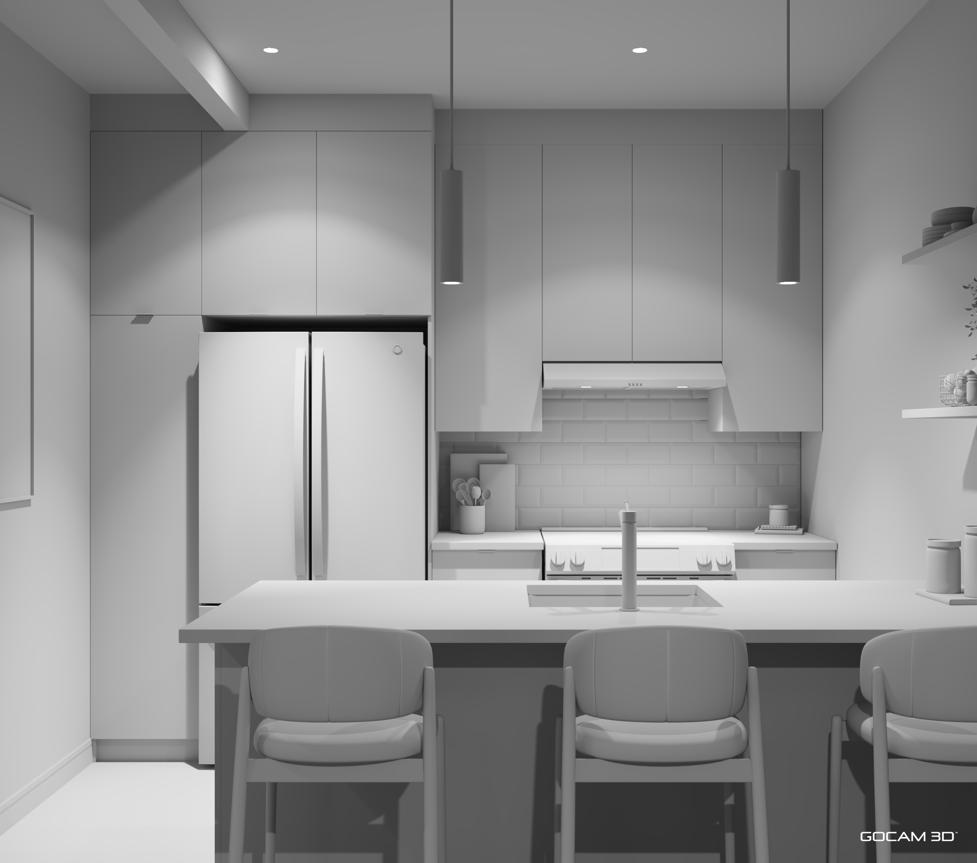 Rendu 3D aire ouverte logement 4 et demi pour faire de la location d'appartements au Québec - GOCAM 3D