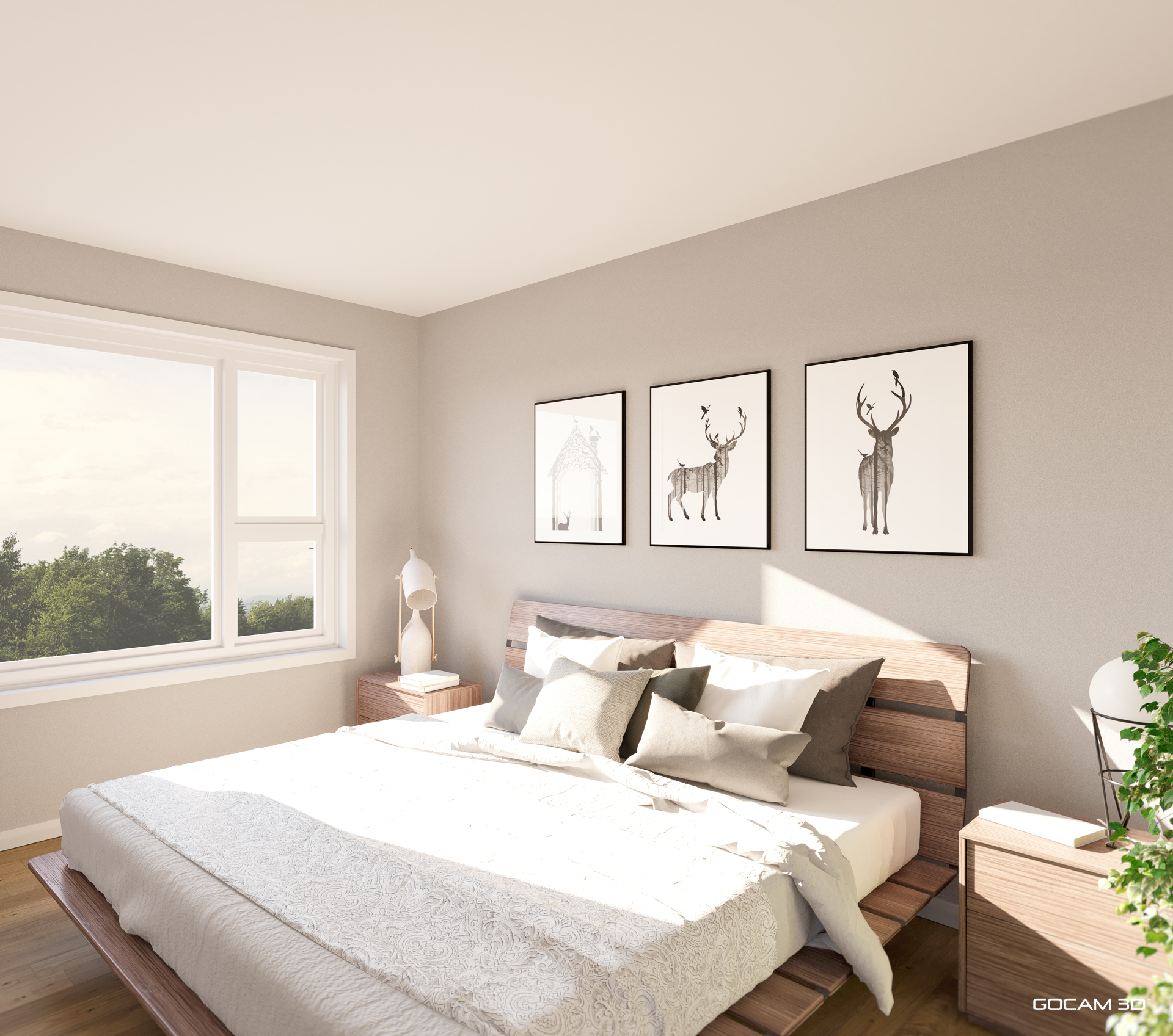 Rendu 3D chambre à coucher de logement 5 et demi pour faire de la location d'appartements au Québec - GOCAM 3D