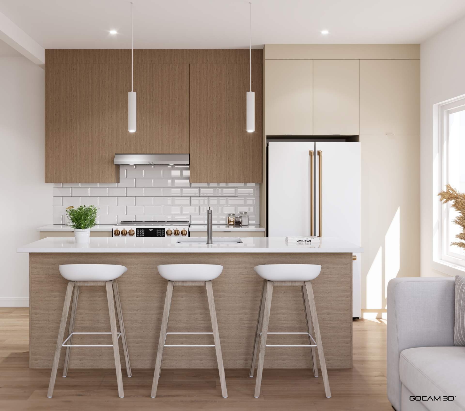 Rendu 3D cuisine logement 4 et demi pour faire de la location d'appartements au Québec - GOCAM 3D