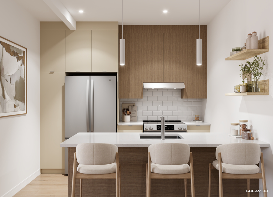 Rendu 3D cuisine d'appartement 3 et demi (cuisine 3D logement 3 et demi) pour faire de la location en ligne - GOCAM 3D