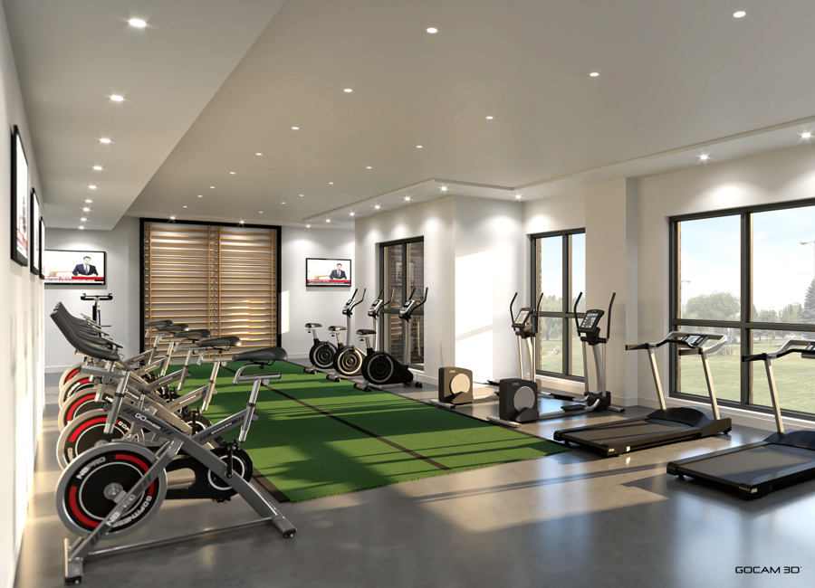 Rendu 3D gym intérieur (Salle d'entraînement 3D de tour à condominiums) pour faire de la promotion immobilière - GOCAM 3D