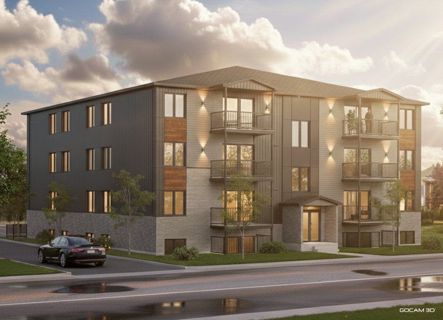 Rendu 3D bâtiment multilogements de type 16 plex (projet 16 plex 3D) pour faire de la promotion immobilière - GOCAM 3D