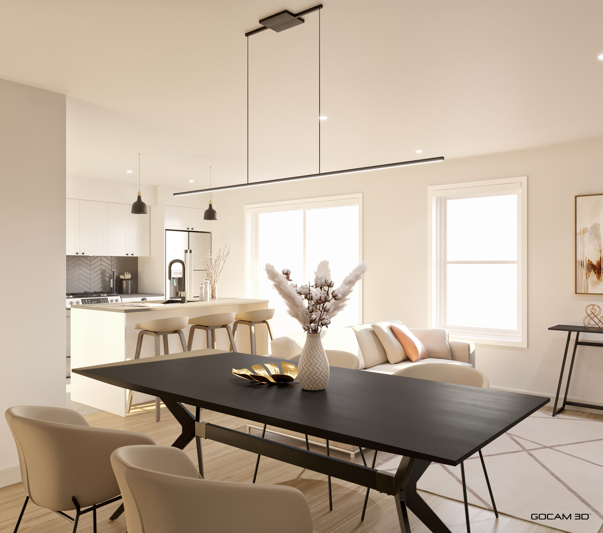 Rendu 3D salle à manger de logement 4 et demi pour faire de la location d'appartements au Québec - GOCAM 3D