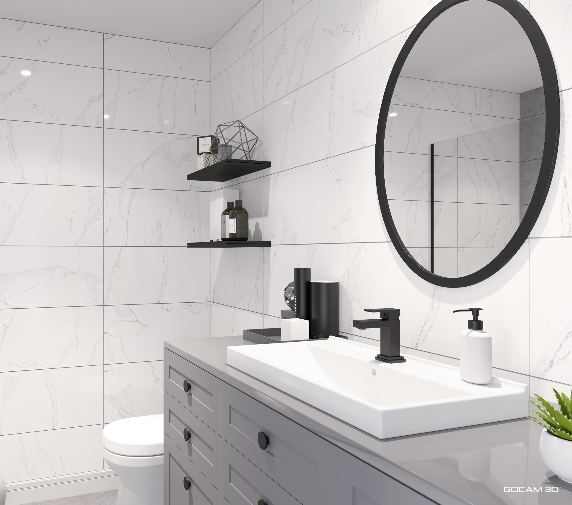 Rendu 3D salle de bain de logement 4 et demi pour faire de la location d'appartements au Québec - GOCAM 3D