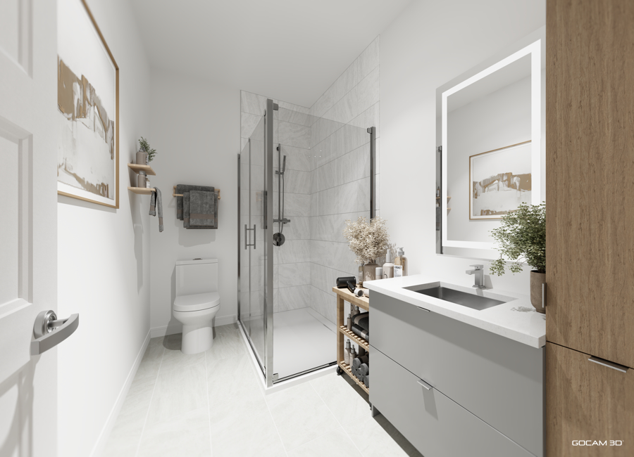 Rendu 3D salle de bain d'appartement 4 et demi (salle de bain 3D logement 4 et demi) pour faire de la location en ligne - GOCAM 3D