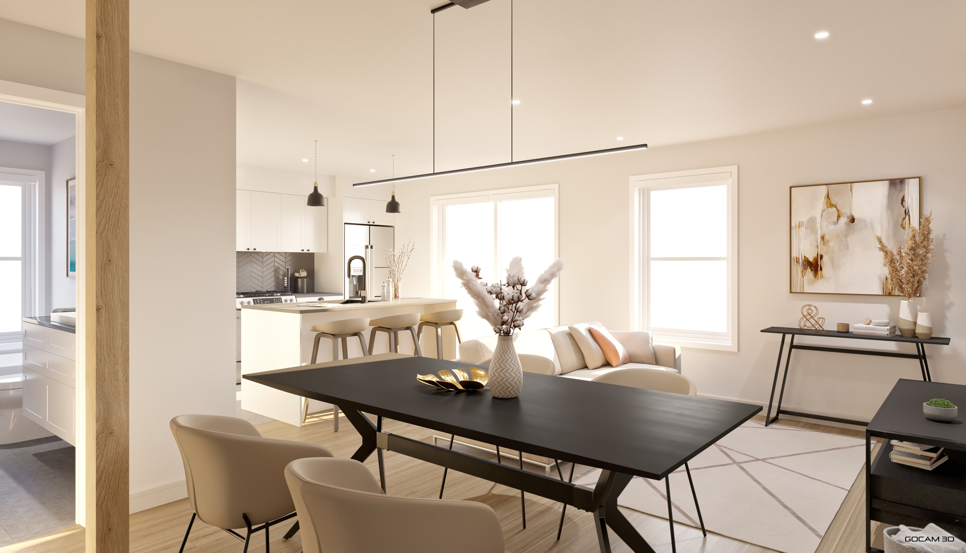 Rendu 3D réaliste intérieur pour la promotion et mise en marché d'un 3 et demi locatif.