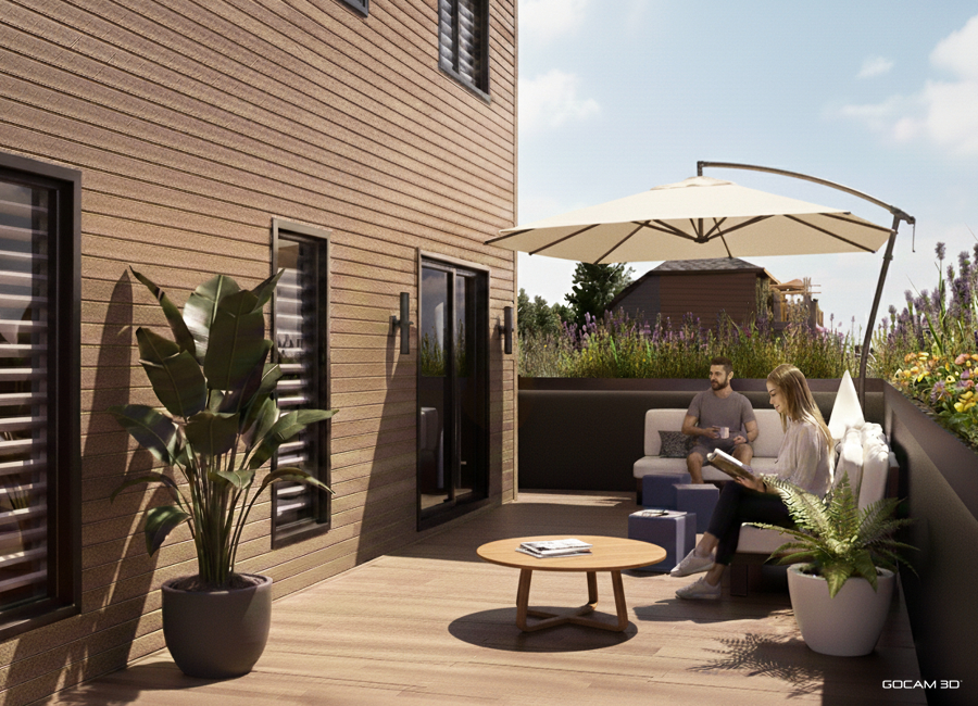 Rendu 3D terrasse condominium (Terrasse 3D de condominium) pour faire de la promotion immobilière - GOCAM 3D