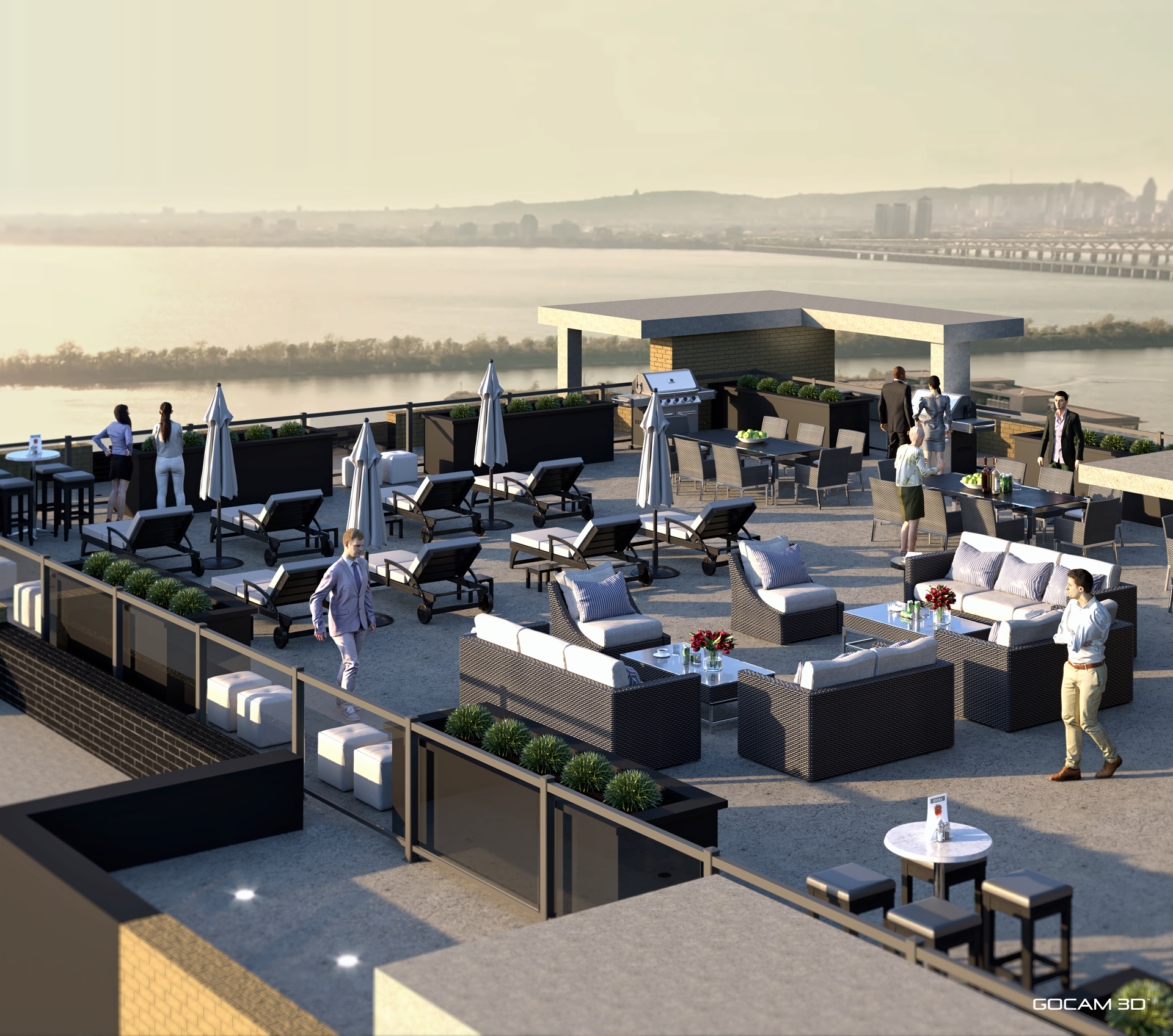 Rendu 3D terrasse de tour à condominiums pour faire de la promotion immobilière au Québec - GOCAM 3D