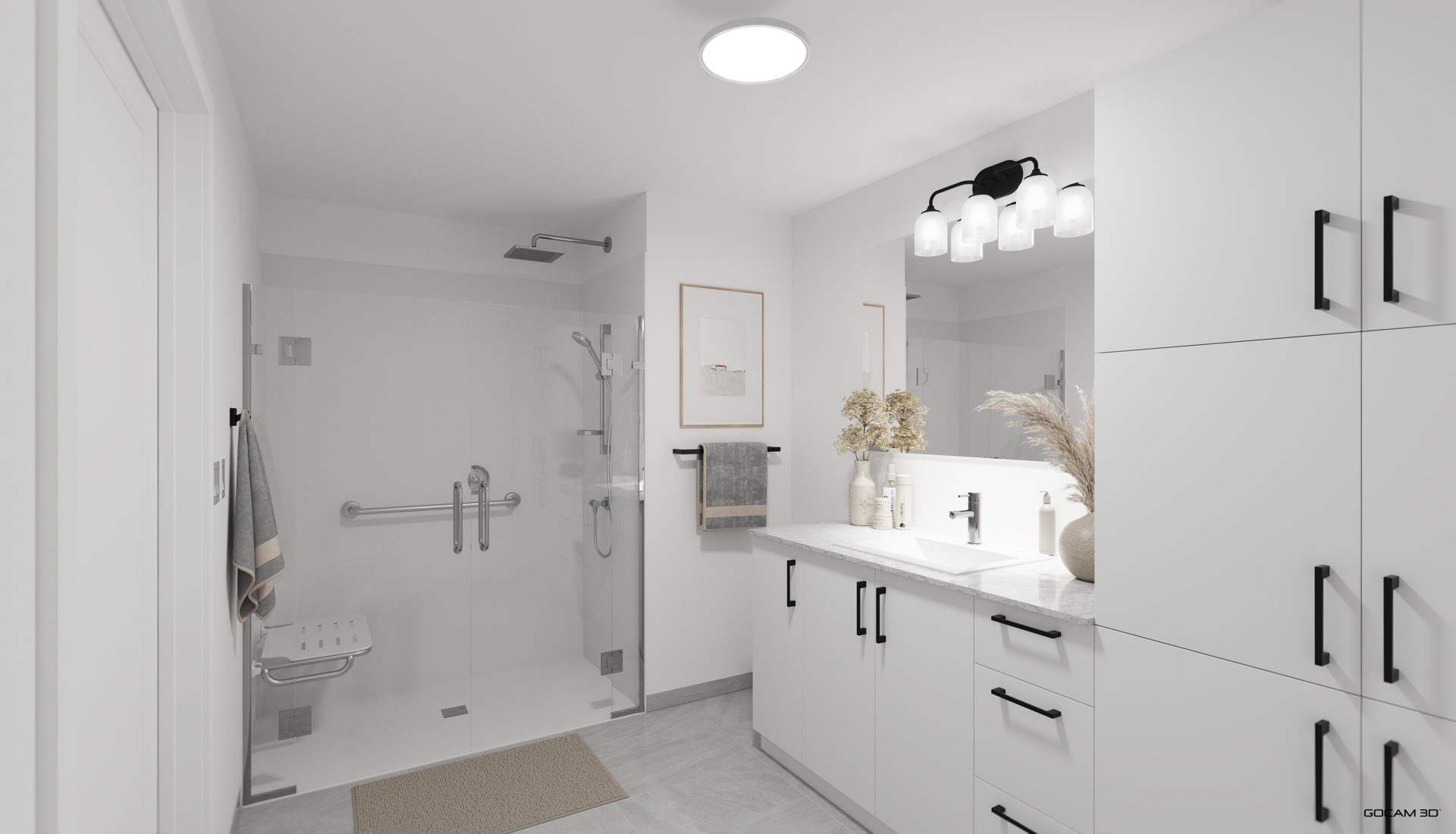3D rendering of a modern bathroom with a glass shower and white vanity for apartment pre-leasing.