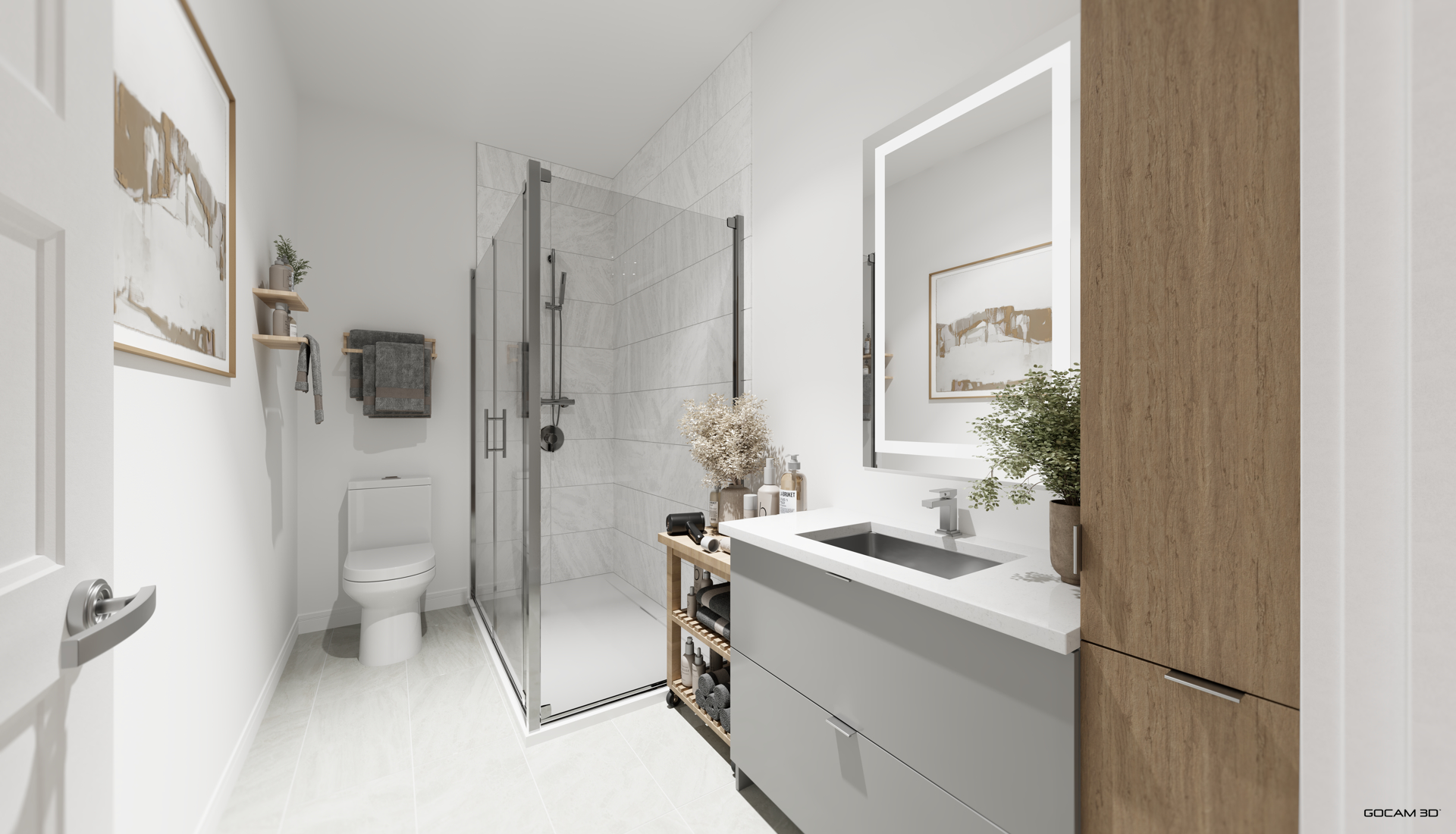 Rendu 3D intérieur de salle de bain pour mise en marché d'un appartement 4 et demi.