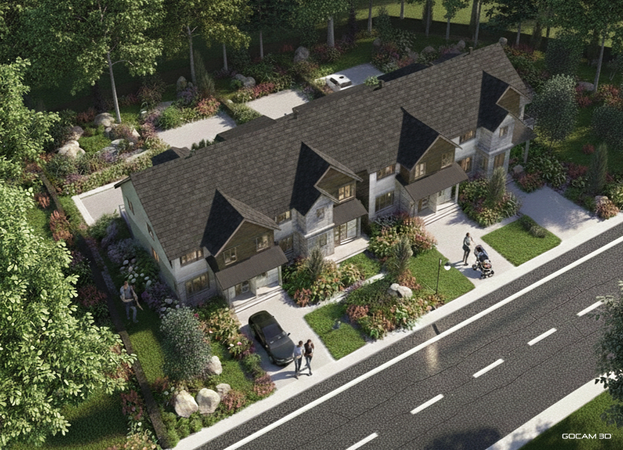 Vue vol d'oiseau 3D maisons de villes (Vue vol oiseau 3D maison de ville) pour faire de la promotion immobilière - GOCAM 3D